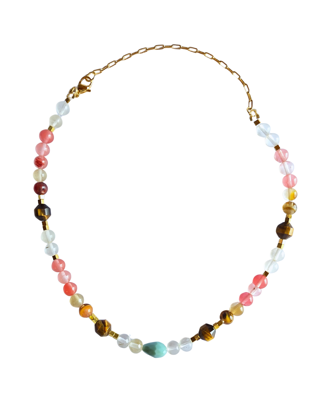 Detalle del collar Rosée du Matin mostrando la combinación de cuarzo turmalinado, ojo de tigre y cristal de vidrio.