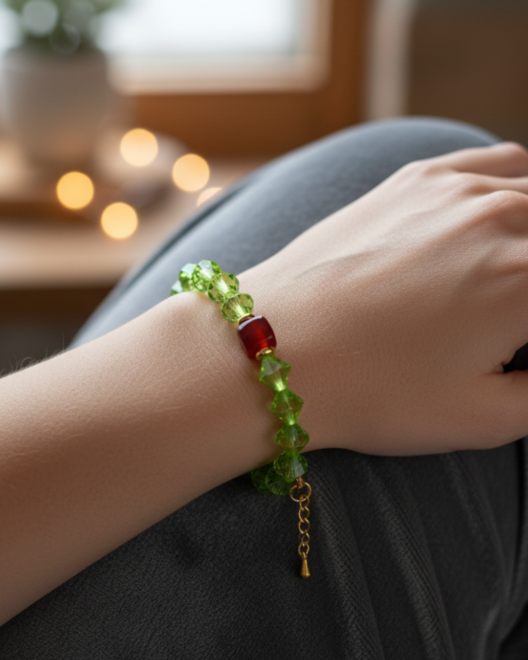 Pulsera Verde Imperial de vidrio verde diamante y ágata roja con oro 18k - PIERRE & CHAÎNE