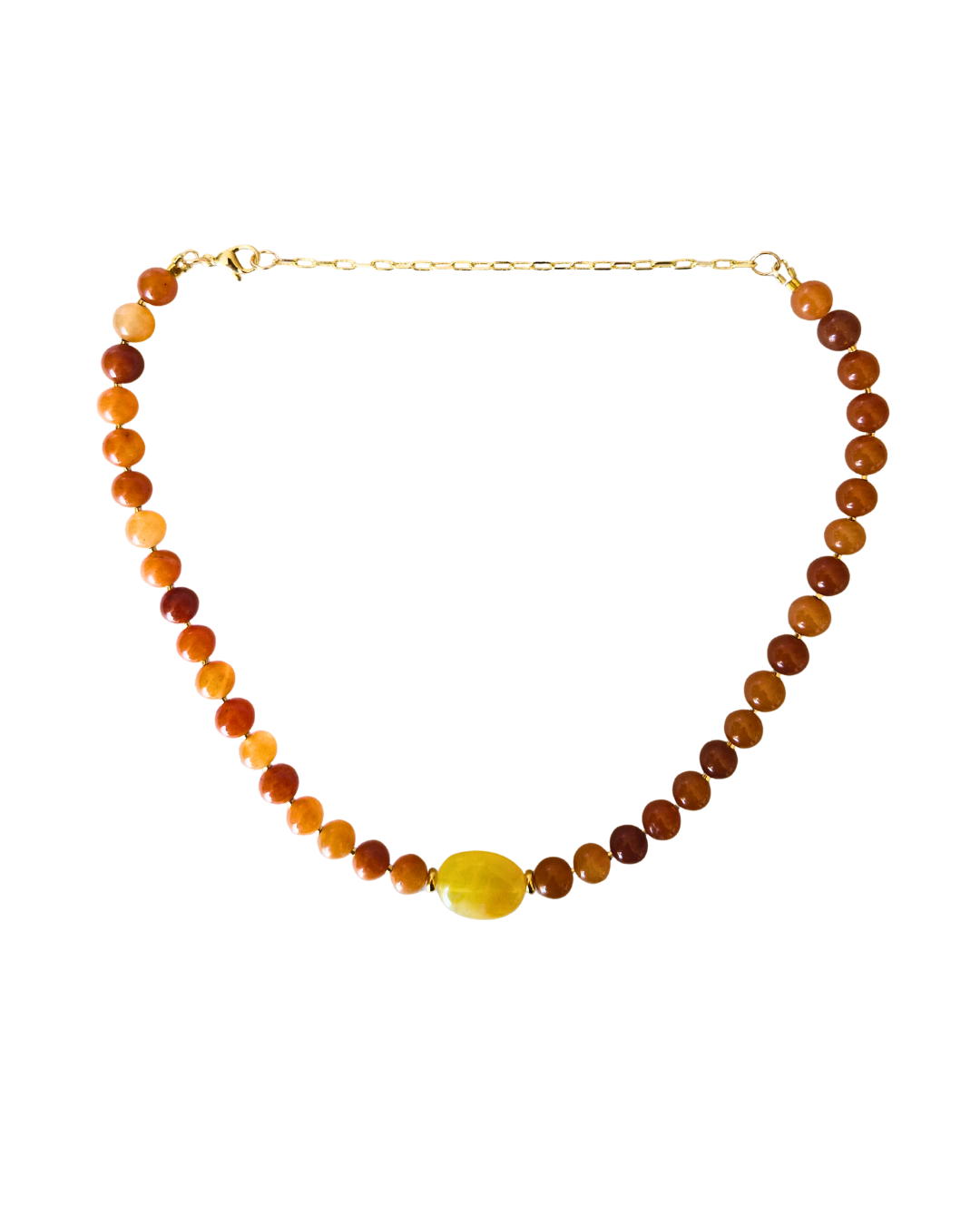 Detalle del collar Brillo Miel mostrando jade topacio y cuencas Miyuki oro 24k