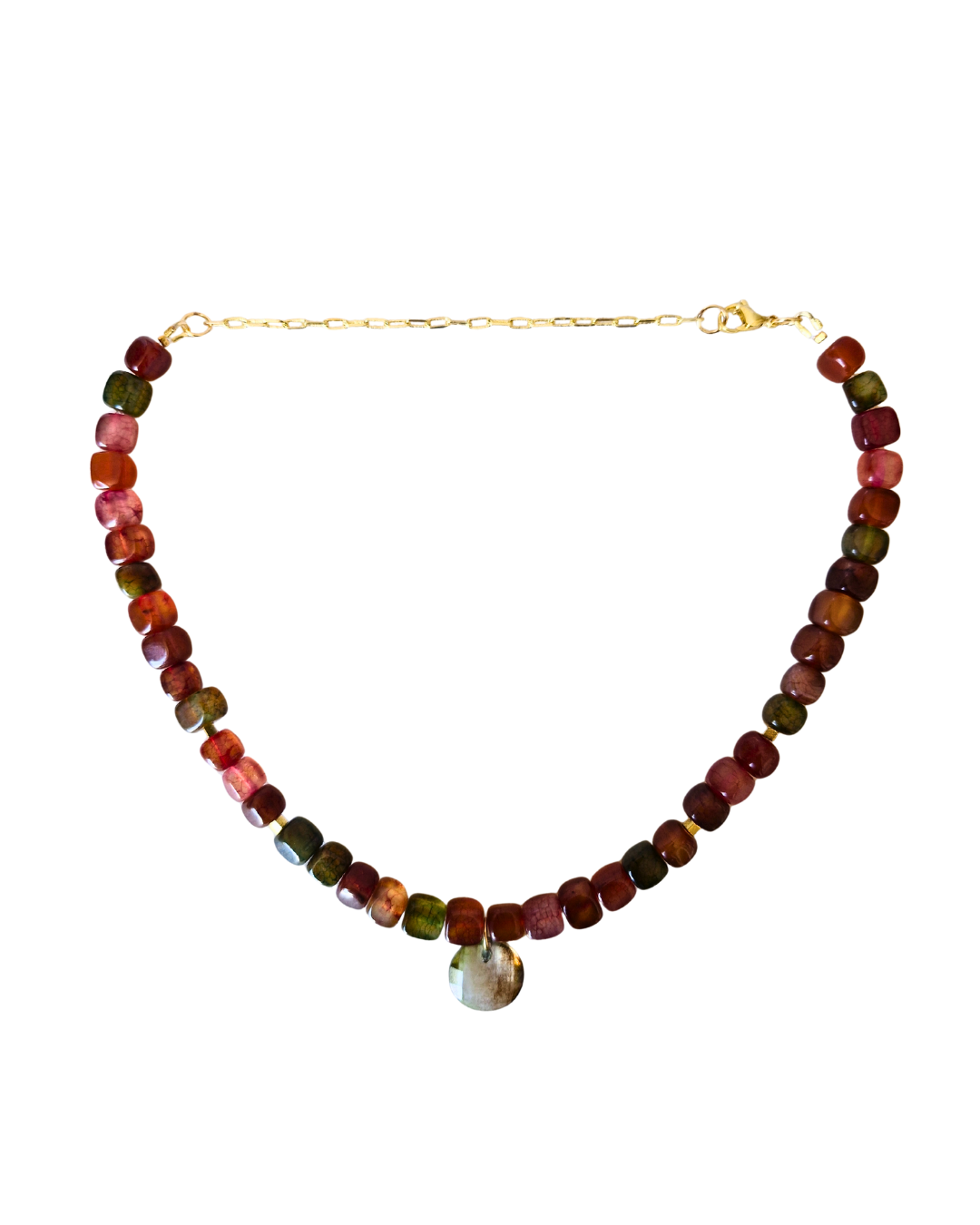 Detalle de ágata tonos tierra y espaciadores de hematite del Collar Terre d'Or - PIERRE & CHAÎNE.