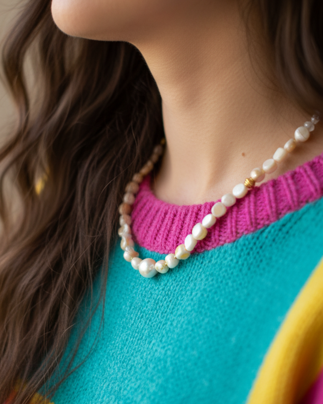 Collar Clarté Marine con piedras de concha naturales y perla de agua dulce con detalles en oro 18k.