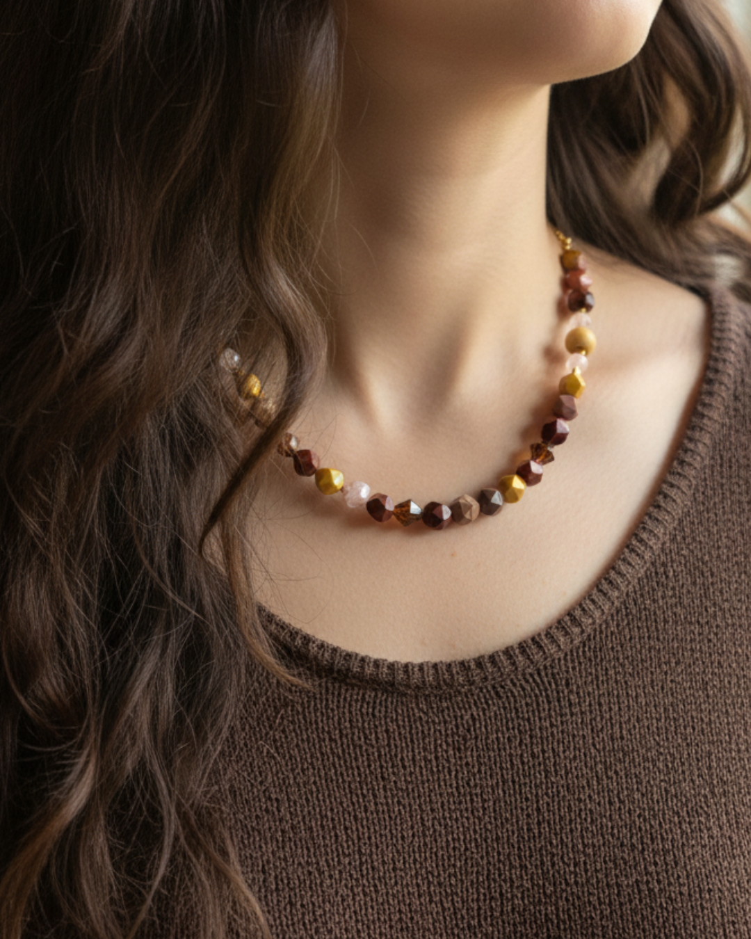 Modelo usando collar Reflets Ambrés de jaspe mokaita y cuarzo rosa con baño de oro 18k.